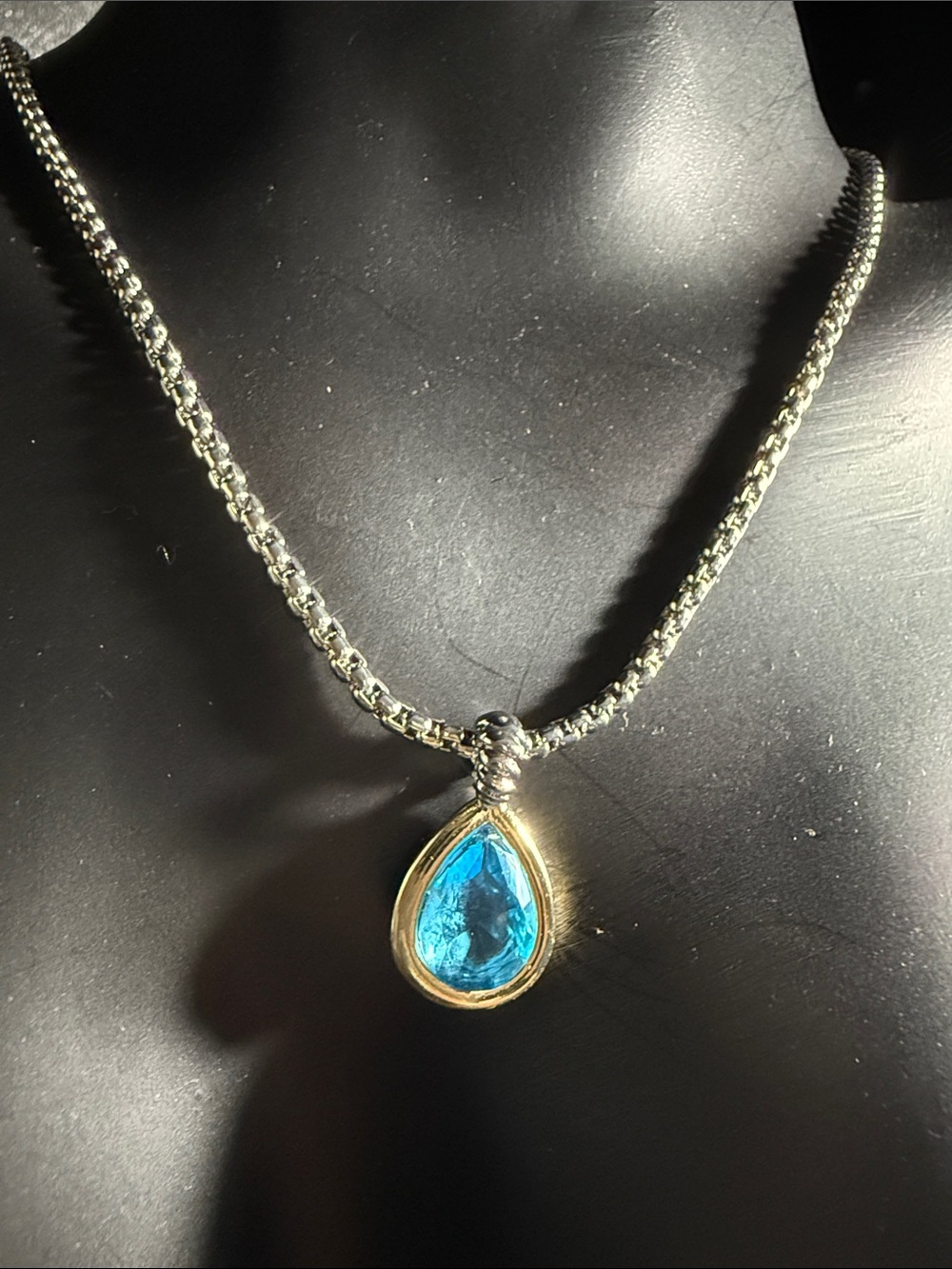 Teardrop Blue Crystal Pendant Necklace in Silver and Gold
